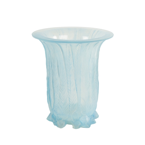 22 - A RENE LALIQUE OPALESCENT AND BLUE STAINED 'EUCALYPTUS' FLARED NECK GLASS VASE with all-round moulde... 