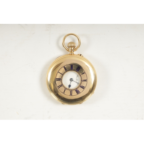 229 - THOMAS RUSSELL & SON, LIVERPOOL. AN 18CT GOLD HALF HUNTER QUARTER POCKET WATCH having a white enamel... 