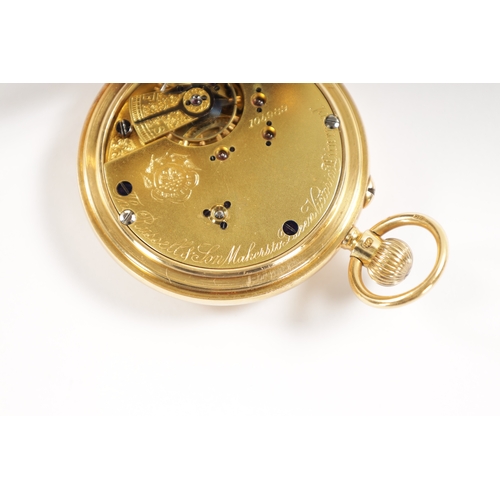 229 - THOMAS RUSSELL & SON, LIVERPOOL. AN 18CT GOLD HALF HUNTER QUARTER POCKET WATCH having a white enamel... 