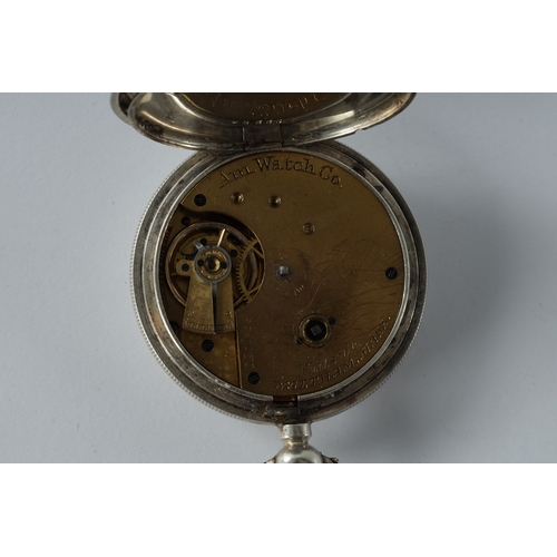 235 - A LATE 19TH CENTURY FIRST WALTHAM USA SILVER CASED POCKET WATCH with white enamel dial with Roman ch... 