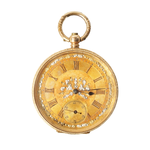 238 - A CONTINENTAL 14CT GOLD OPEN FACED POCKET WATCH with foliate embossed case and tri-coloured dial wit... 