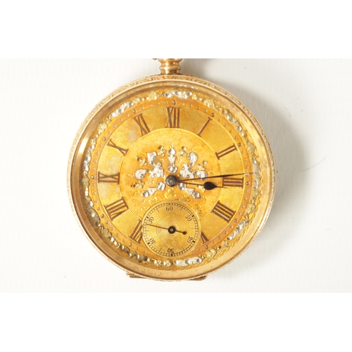 238 - A CONTINENTAL 14CT GOLD OPEN FACED POCKET WATCH with foliate embossed case and tri-coloured dial wit... 