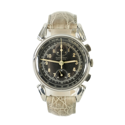 241 - A STEEL ULYSSE NARDIN CHRONOGRAPH WRISTWATCH the steel case with decorative lugs enclosing a black d... 