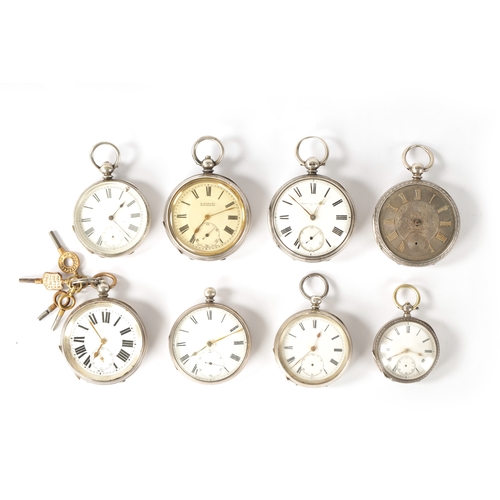 243 - A COLLECTION OF EIGHT SILVER CASED OPEN FACE GENTLEMAN’S POCKET WATCHES with key wound chain driven ... 