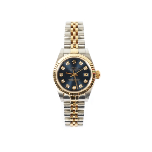 244 - A LADIES 18CT GOLD AND STEEL DIAMOND SET ROLEX OYSTER PERPETUAL DATEJUST WRIST WATCH on jubilee brac... 