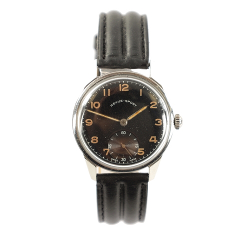 248 - A VINTAGE MILITARY STYLE REVUE-SPORT STEEL WRISTWATCH the black dial with luminous Arabic numerals a... 