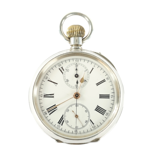 250 - AN EARLY 20TH CENTURY SILVER OPEN FACE CHRONOGRAPH POCKET WATCH the enamel dial with Roman numerals,... 