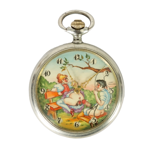 251 - AN EROTIC NOVELTY DOXA POCKET WATCH the nickel case enclosing a erotic automaton scene fronting a ke... 