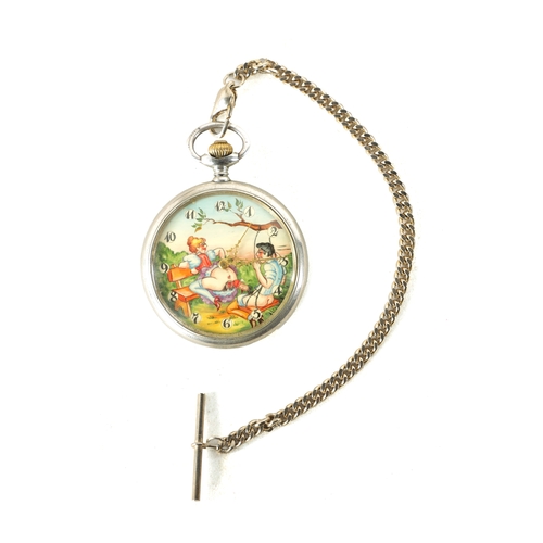 251 - AN EROTIC NOVELTY DOXA POCKET WATCH the nickel case enclosing a erotic automaton scene fronting a ke... 