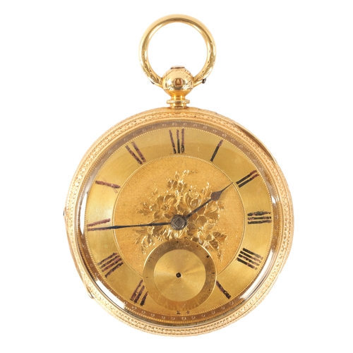 253 - A LATE 19TH CENTURY 18CT GOLD OPEN FACED FUSEE POCKET WATCH having a foliate engraved case enclosing... 