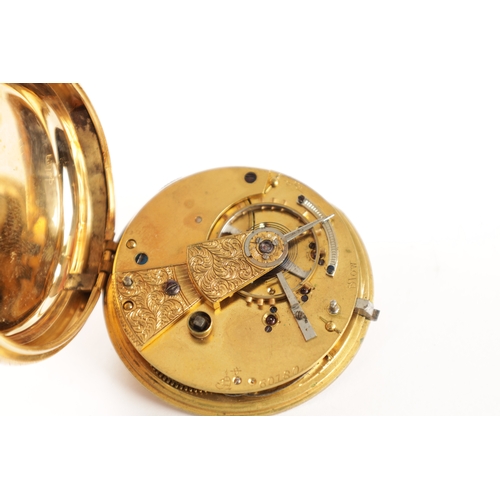 253 - A LATE 19TH CENTURY 18CT GOLD OPEN FACED FUSEE POCKET WATCH having a foliate engraved case enclosing... 