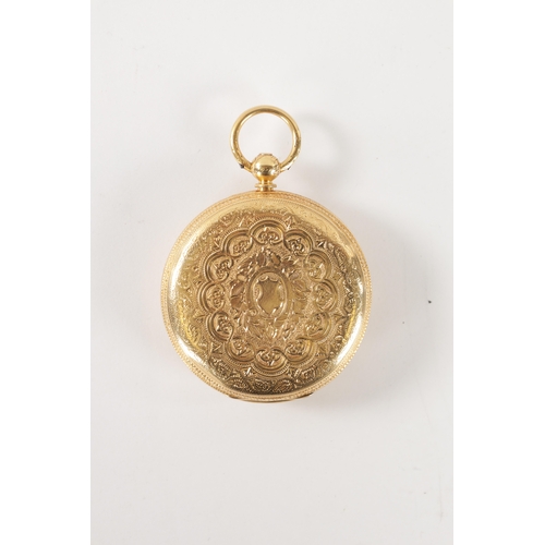 253 - A LATE 19TH CENTURY 18CT GOLD OPEN FACED FUSEE POCKET WATCH having a foliate engraved case enclosing... 