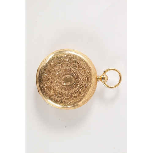 253 - A LATE 19TH CENTURY 18CT GOLD OPEN FACED FUSEE POCKET WATCH having a foliate engraved case enclosing... 