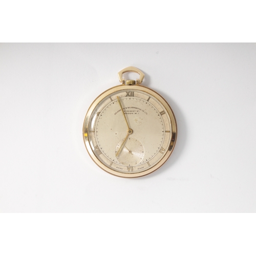 254 - A 1950S 9CT GOLD OPEN FACED POCKET WATCH the silvered dial with Roman hour markers, signed centre an... 