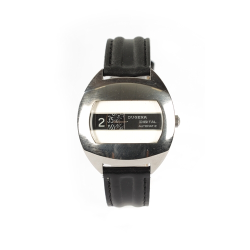 255 - A GENTLEMAN’S 1970’S DUGENA DIGITAL AUTOMATIC “JUMP HOUR” WRISTWATCH on black leather strap, the pol... 