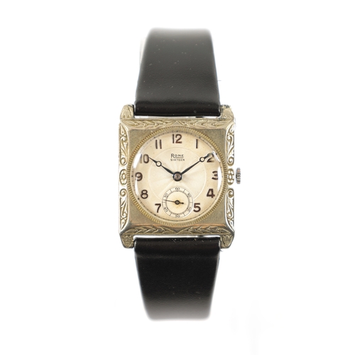 261 - A 1930’S RONE SIXTEEN SQUARE NICKEL CASED WRISTWATCH the case with foliate engraved border enclosing... 