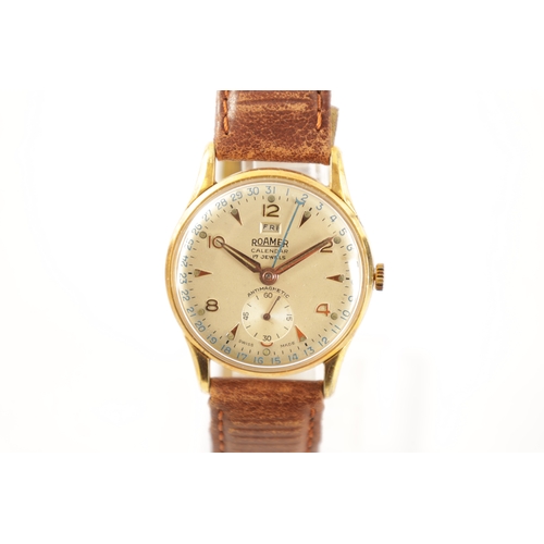 262 - A VINTAGE ROAMER CALENDAR GOLD PLATED WRISTWATCH having a silvered dial with gilt Arabic numerals an... 