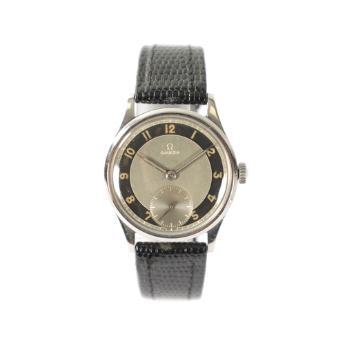 263 - A GENTLEMAN’S 1950’S STEEL OMEGA “BULLS EYE” WRISTWATCH on black leather strap. The steel case enclo... 