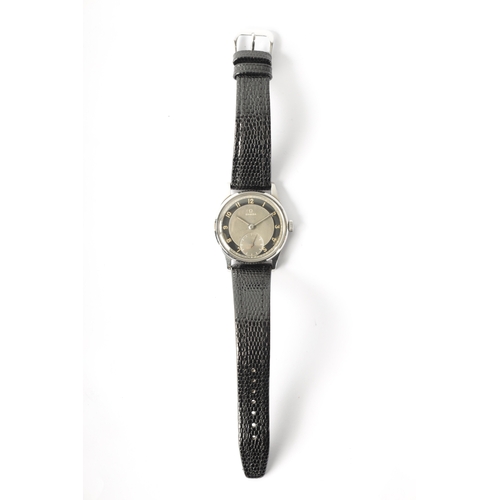 263 - A GENTLEMAN’S 1950’S STEEL OMEGA “BULLS EYE” WRISTWATCH on black leather strap. The steel case enclo... 