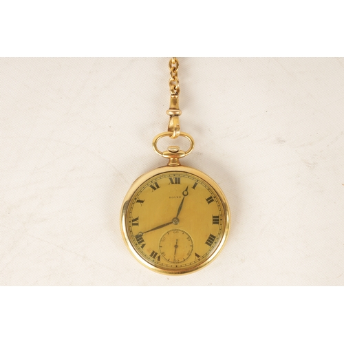 265 - AN 18CT GOLD OPEN FACED ROLEX POCKET WATCH AND CHAIN the case with an engine-turned and enamel back ... 