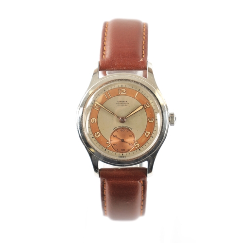 269 - A GENTLEMAN’S 1950’S STEEL URANIA INCABLOC WRISTWATCH having a two-tone 'bullseye' dial with luminou... 