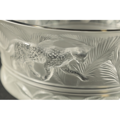 27 - A LALIQUE CLEAR AND FROSTED GLASS JUNGLE BOWL decorated with cheetahs and palm leaf decoration -engr... 