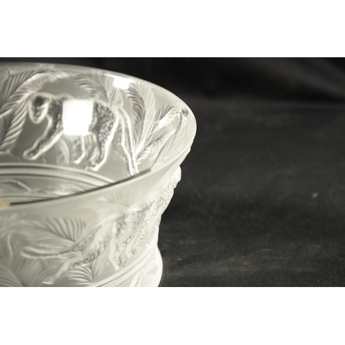 27 - A LALIQUE CLEAR AND FROSTED GLASS JUNGLE BOWL decorated with cheetahs and palm leaf decoration -engr... 