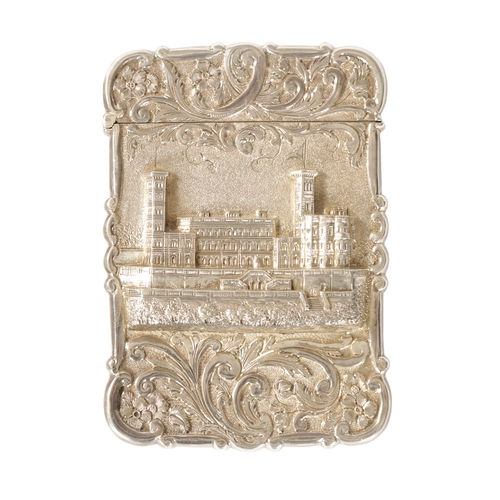 276 - A RARE VICTORIAN SILVER CARD CASE EMBOSSED WITH OSBOURNE HOUSE of shaped rectangular form with chase... 