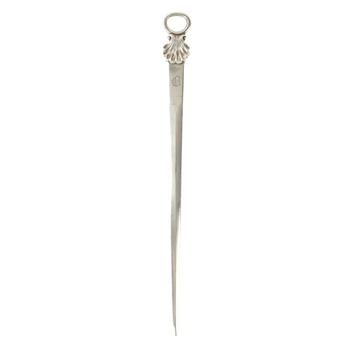 279 - A LATE GEORGIAN SILVER LETTER OPENER with shell moulded top London, dated 1811, 128cm high (32.5cm o... 