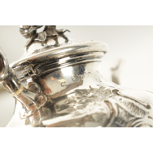 294 - A LATE REGENCY SILVER TEAPOT decorated with rococo style leafwork scrolls and rose finial with bone ... 