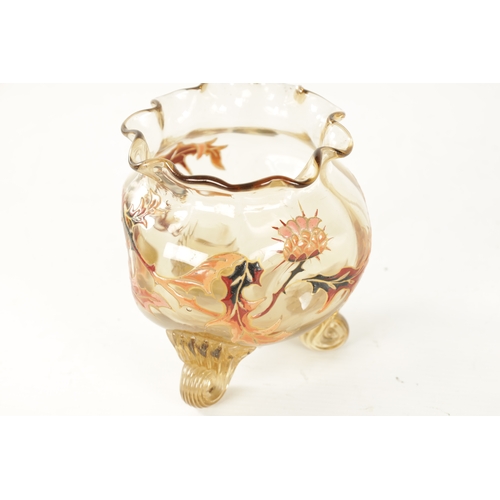 3 - EMILE GALLE. A LATE 19TH CENTURY SMALL ENAMELLED AMBER GLASS BULBOUS VASE with corrugated rim and di... 