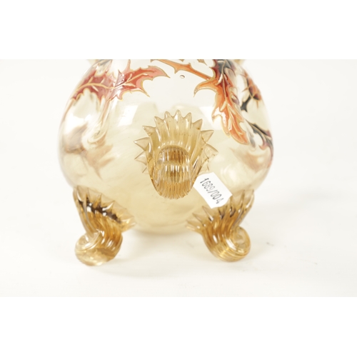 3 - EMILE GALLE. A LATE 19TH CENTURY SMALL ENAMELLED AMBER GLASS BULBOUS VASE with corrugated rim and di... 