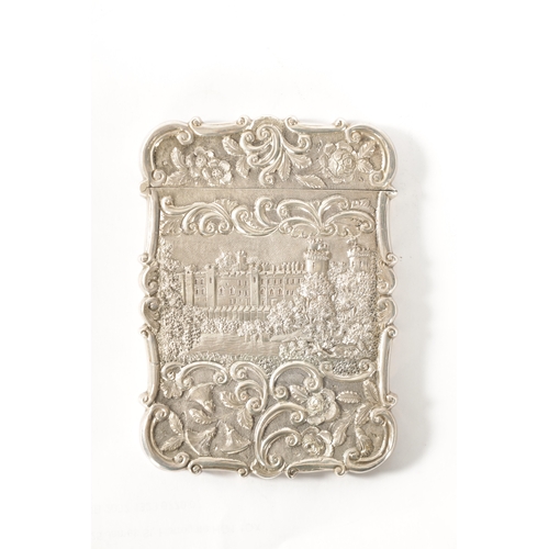 302 - A NATHANIAL MILLS VICTORIAN SILVER CARD CASE EMBOSSED WITH WARWICK AND WINDSOR CASTLE of shaped rect... 