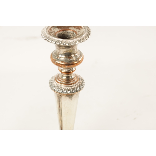 306 - TWO OLD SHEFFIELD SILVER PLATED CANDLESTICKS with tapered stems and circular bases (22cm high)