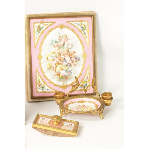 32 - A 19TH CENTURY FRENCH SERVES STYLE PORCELAIN AND ORMOLU MOUNTED DESK SET comprising of a letter rack... 