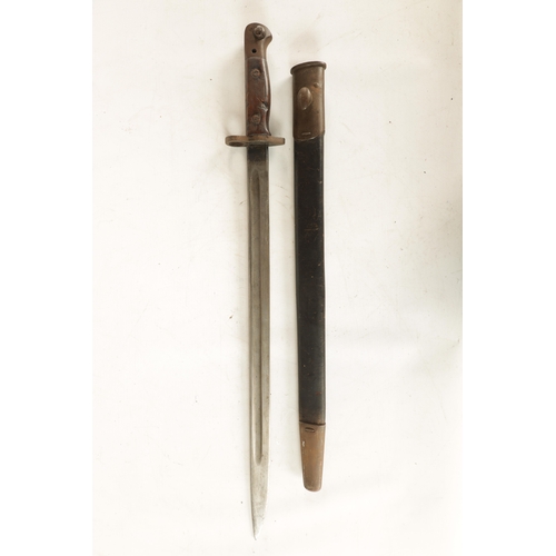 325 - A 1907 PATTERN WW1 BAYONET with single-edged fullered steel blade and brass guard on a wooden handle... 