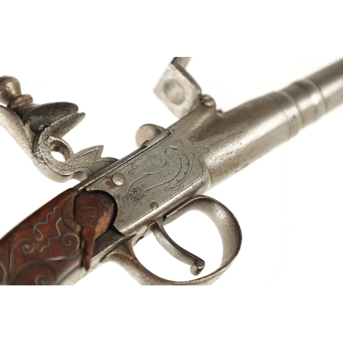 328 - A GEORGE III BOX AND FLINTLOCK PISTOL having a screw-off steel cannon barrel with double-struck proo... 