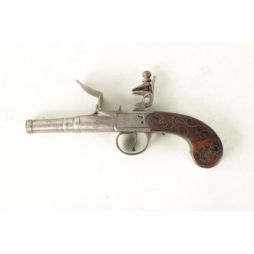 328 - A GEORGE III BOX AND FLINTLOCK PISTOL having a screw-off steel cannon barrel with double-struck proo... 