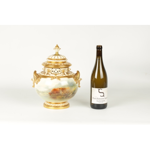 33 - JOHN STINTON. A FINE RICHLY GILT, RELIEF MOULDED TWO HANDLED BULBOUS BLUSHED IVORY POT POURRI CABINE... 