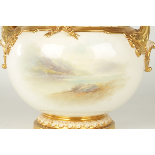 33 - JOHN STINTON. A FINE RICHLY GILT, RELIEF MOULDED TWO HANDLED BULBOUS BLUSHED IVORY POT POURRI CABINE... 