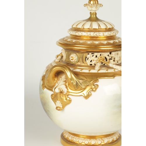 33 - JOHN STINTON. A FINE RICHLY GILT, RELIEF MOULDED TWO HANDLED BULBOUS BLUSHED IVORY POT POURRI CABINE... 