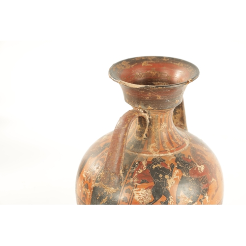 34 - AN ANCIENT GREEK STYLE TERRACOTTA TWO-HANDLED VESSEL with figural decoration, of bulbous form having... 