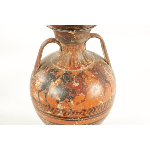 34 - AN ANCIENT GREEK STYLE TERRACOTTA TWO-HANDLED VESSEL with figural decoration, of bulbous form having... 