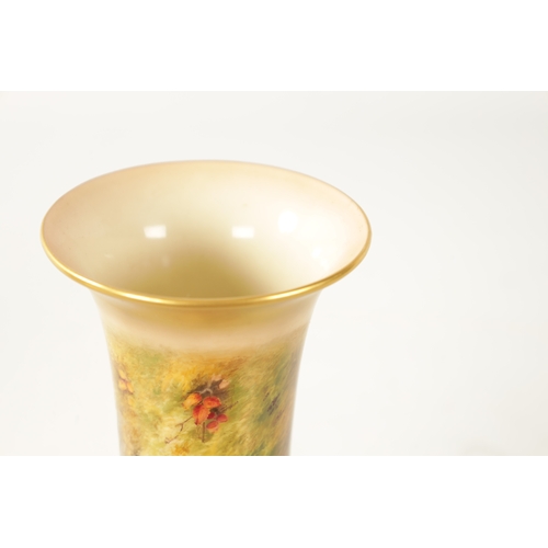 35 - AN EARLY 20TH CENTURY ROYAL WORCESTER SPILL VASE DECORATED WITH FRUIT signed Ricketts with green und... 