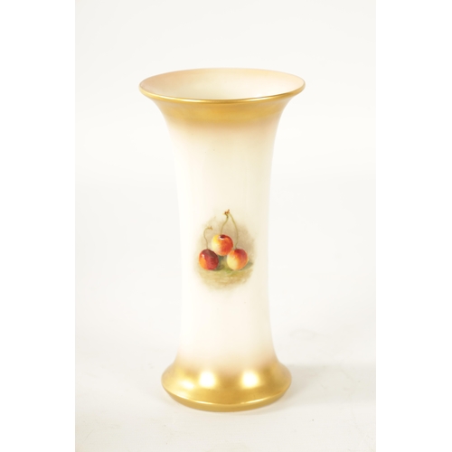 35 - AN EARLY 20TH CENTURY ROYAL WORCESTER SPILL VASE DECORATED WITH FRUIT signed Ricketts with green und... 