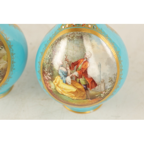 36 - A PAIR OF 19TH CENTURY FRENCH SERVES PORCELAIN VASES of bulbous form with painted panels of classica... 