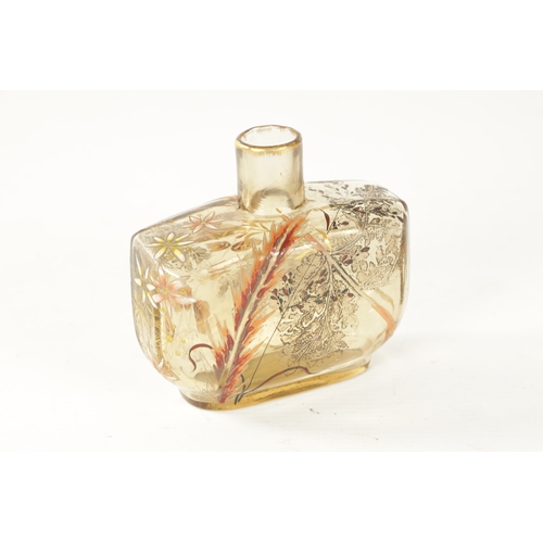 4 - EMILE GALLE. A LATE 19TH CENTURY ENAMELLED AMBER GLASS SCENT BOTTLE of rectangular form with embosse... 