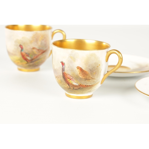 40 - JAMES STINTON. A GOOD SET OF SIX ROYAL WORCESTER CABINET CUPS AND SAUCERS each with painted scenes o... 