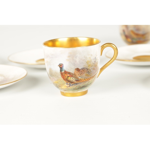 40 - JAMES STINTON. A GOOD SET OF SIX ROYAL WORCESTER CABINET CUPS AND SAUCERS each with painted scenes o... 