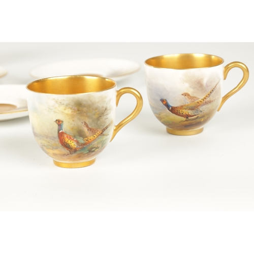 40 - JAMES STINTON. A GOOD SET OF SIX ROYAL WORCESTER CABINET CUPS AND SAUCERS each with painted scenes o... 